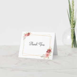 Cartes de remerciement à cadre doré et floral rose