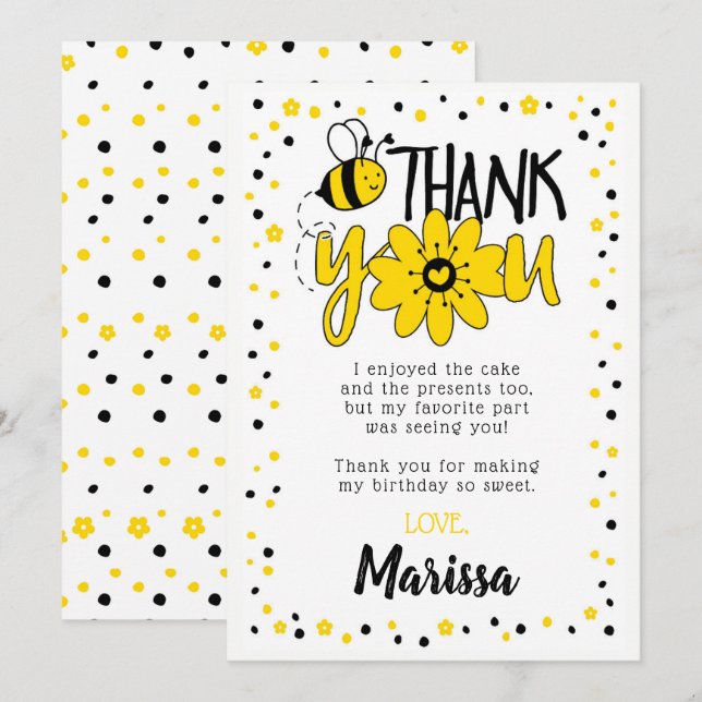 Cartes de remerciement d'anniversaire d'abeille (Devant / Derrière)