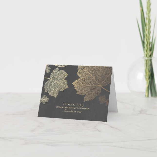 Cartes de remerciement de mariage aux feuilles d'o (Devant)