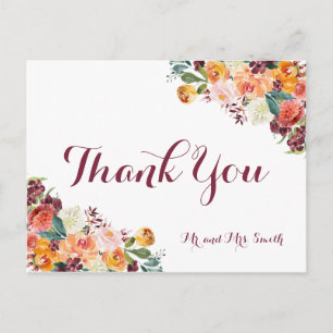 Cartes de remerciement de mariage aux fleurs d'aut