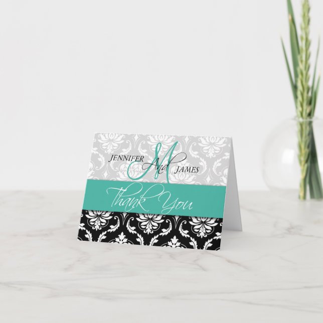 Cartes de remerciement de mariage Damassé Monogram (Devant)