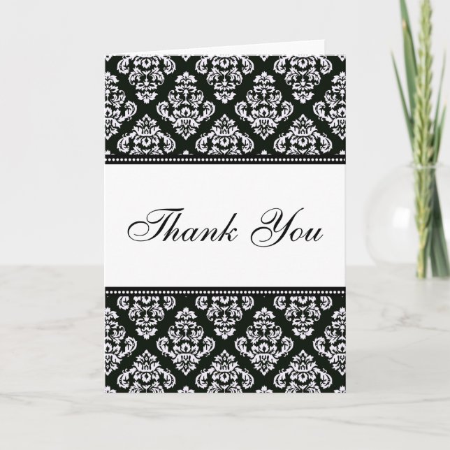 Cartes de remerciement de mariage en damas noir et (Devant)