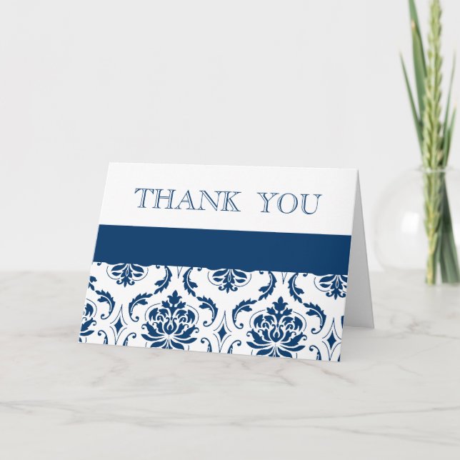 Cartes de remerciement de mariage en damassé bleu (Devant)