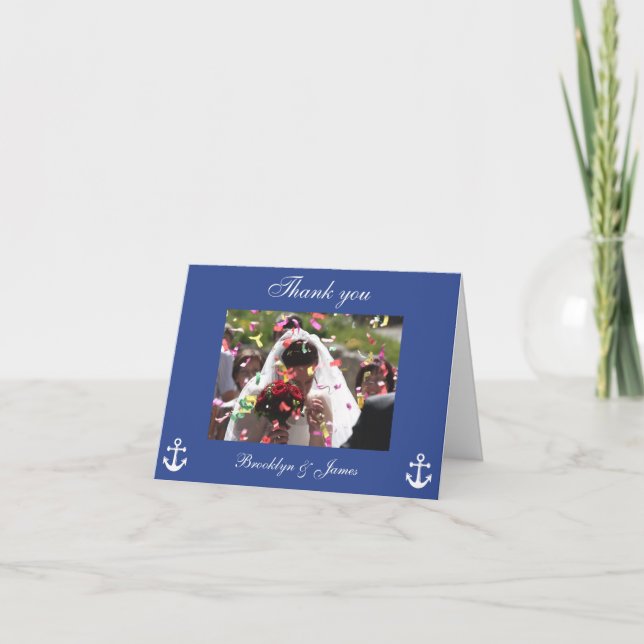 Cartes de remerciement de mariage nautique bleu av (Devant)