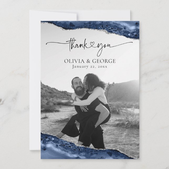 Cartes de remerciement de mariage Navy Blue Silver (Devant)