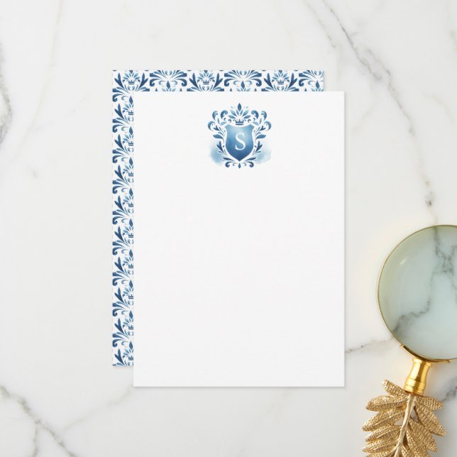 Cartes de remerciement Dusty Blue Crest et monogra (Devant/Arrière en situation)