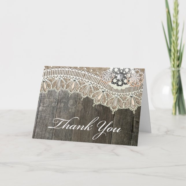 Cartes de remerciement en bois rustique dentelle v (Devant)