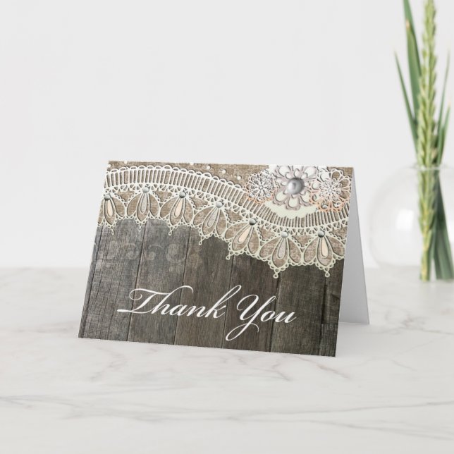 Cartes de remerciement en bois rustique dentelle v (Devant)