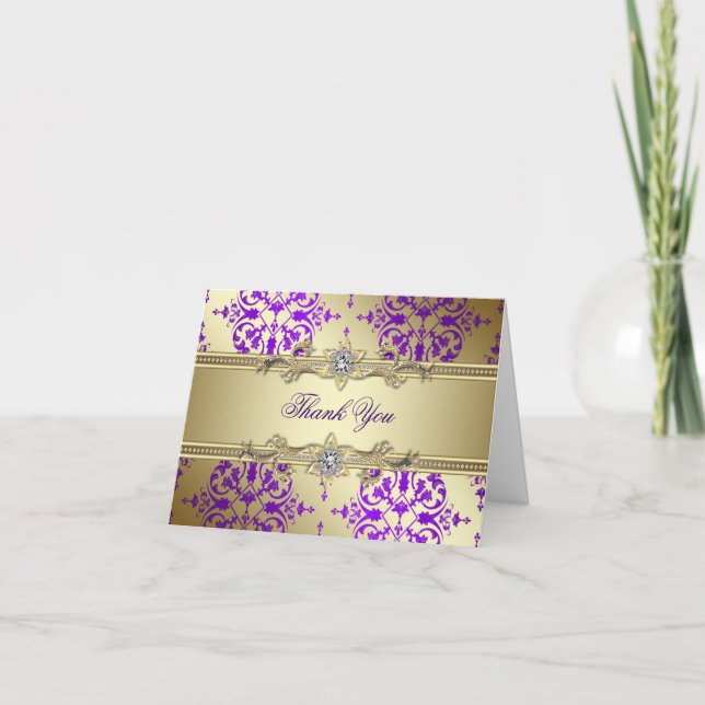 Cartes de remerciement en damas or pourpre (Devant)