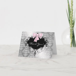 Cartes de remerciement en damas rose et argent