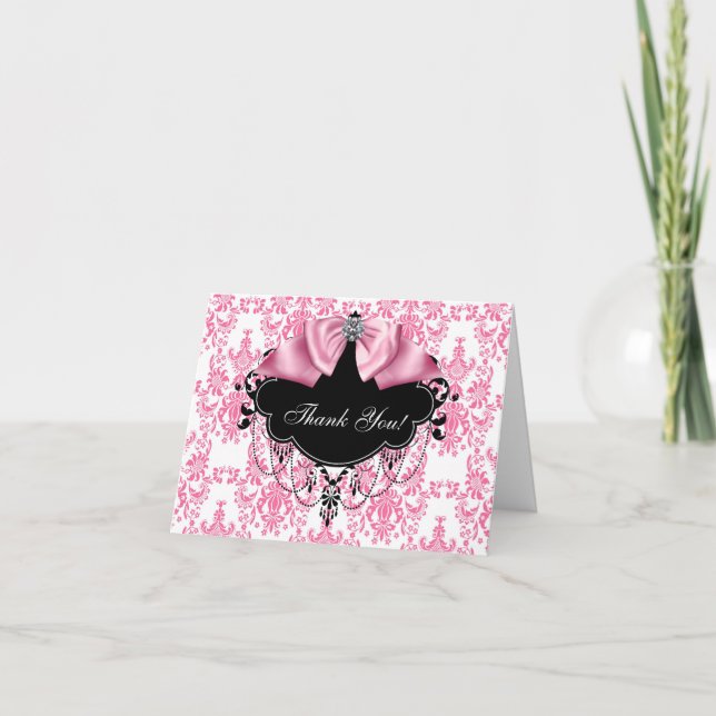 Cartes de remerciement en damas rose noir (Devant)