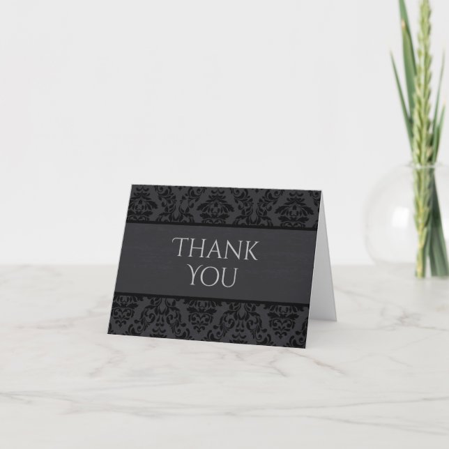 Cartes de remerciement en damassé noir et gris (Devant)