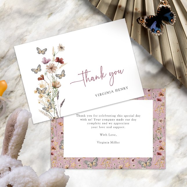 Cartes de remerciement Fleur sauvage rose (Dusty Pink Wildflower Thank You Cards with Butterflies by Painted Paperie
)