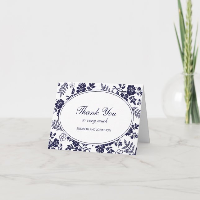 Cartes de remerciement florales bleu marine (Devant)