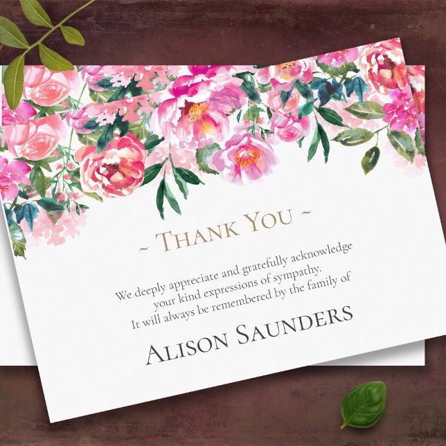 Cartes de remerciement funéraire | Aquarelle Peoni (pink peonies sympathy bereavement memorial funeral thank you card)