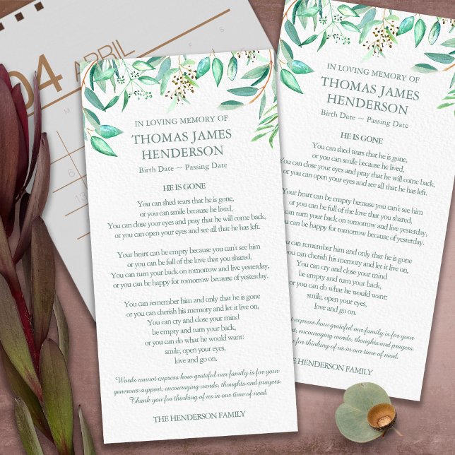 Cartes de remerciement funéraire | Eucalyptus Feui (funeral thank you cards, bereavement, elegant, simple, celebration of life, sympathy card)