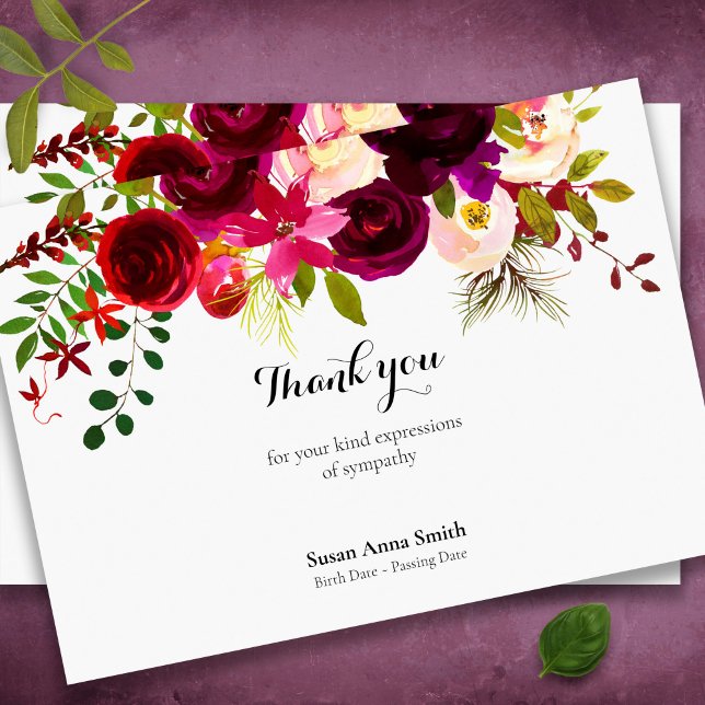Cartes de remerciement funéraire | Floral Crimson (Watercolor floral memorial funeral thank you card, celebration of life)