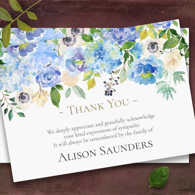 Cartes de remerciement funéraire | Floral d'aquare (Blue Floral Sympathy In Loving Memory Funeral Thank You Card)