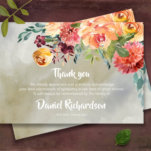 Cartes de remerciement funéraire | Flore de Paprik (Elegant watercolor floral memorial bereavement sympathy funeral thank you card)