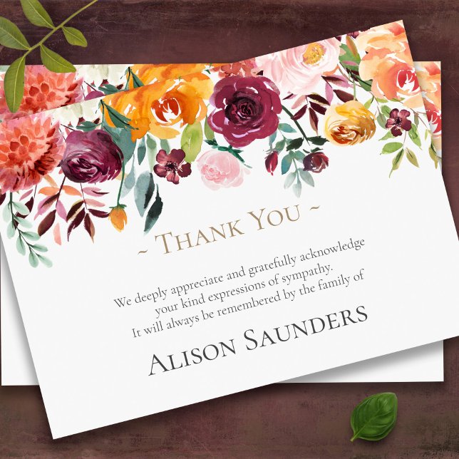 Cartes de remerciement funéraire | Paprika florale (Floral border sympathy bereavement funeral thank you card)