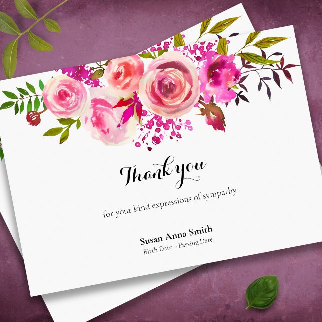 Cartes de remerciement funéraire | Rose d'août (Watercolor roses floral memorial sympathy funeral thank you card)