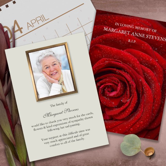 Cartes de remerciement funéraire | Rose rouge (funeral thank you cards, bereavement, elegant, simple, celebration of life, sympathy card)