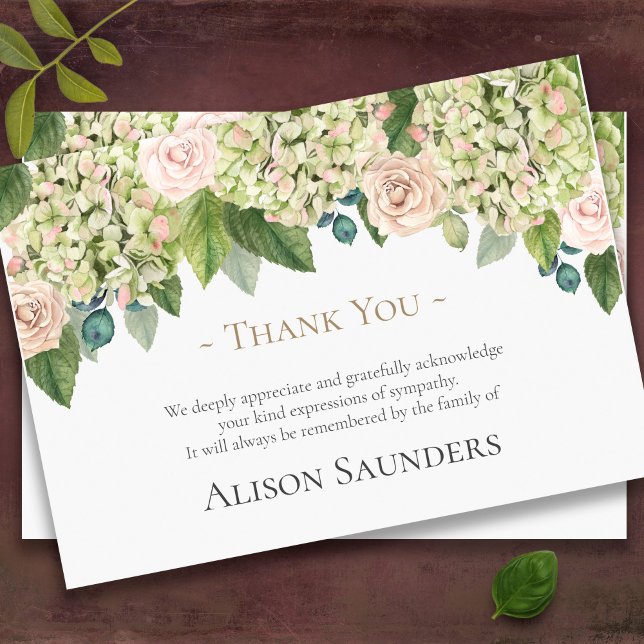 Cartes de remerciement funéraire | Roses Vintages  (Sympathy Hydrangea Roses floral drop bereavement memorial funeral thank you card)