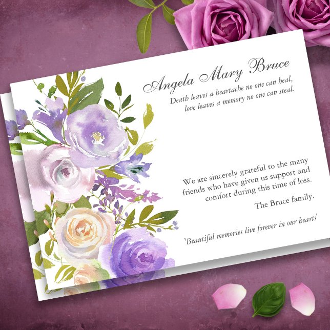 Cartes de remerciement funéraire | Roses violets (Purple Roses Sympathy Bereavement Memorial Funeral Thank You Card)