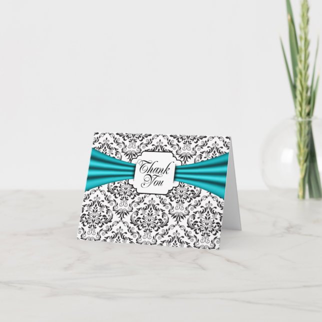 Cartes de remerciement noir blanc aqua damassé (Devant)