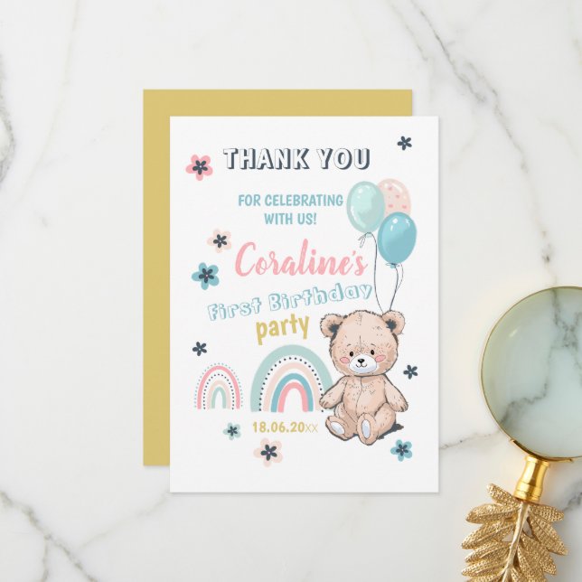 Cartes de remerciement plates pour 1er anniversair (Devant/Arrière en situation)