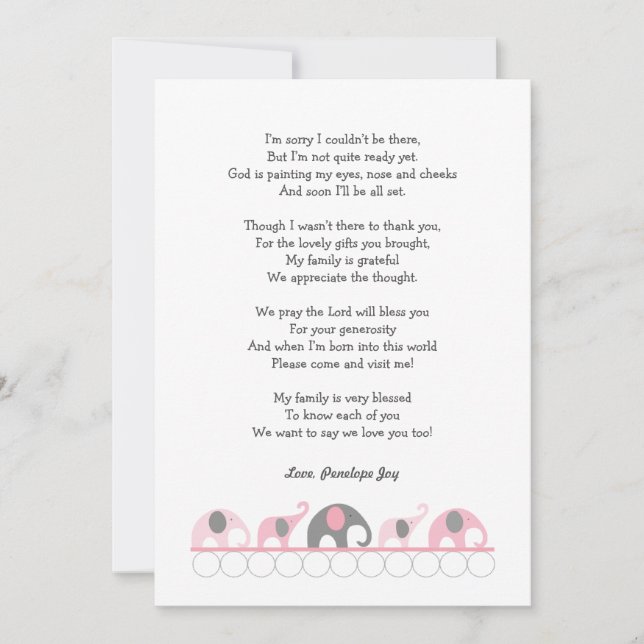 Cartes de remerciement pour baby shower éléphant / (Devant)