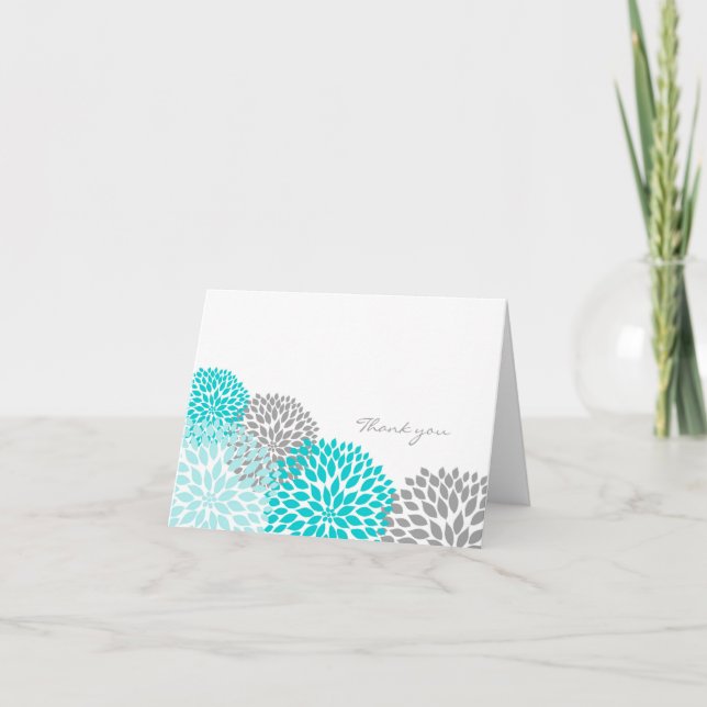 Cartes de remerciement Turquoise et Gris Fleur de  (Devant)