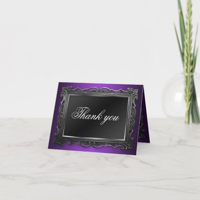 Cartes de remerciement violettes à cadre gothique (Devant)