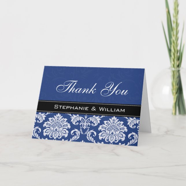 Cartes de remerciements Blue Mariage damassé (Devant)
