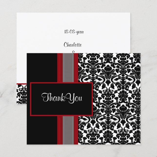 Cartes de Remerciements Mariage damassé Rouge Budg (Devant / Derrière)