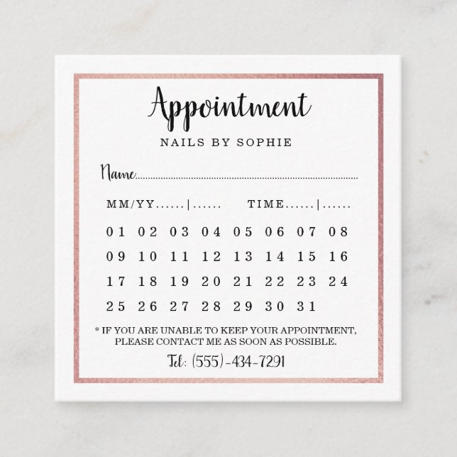 Cartes de rendez-vous Rose Gold Foil Calendrier (Devant)