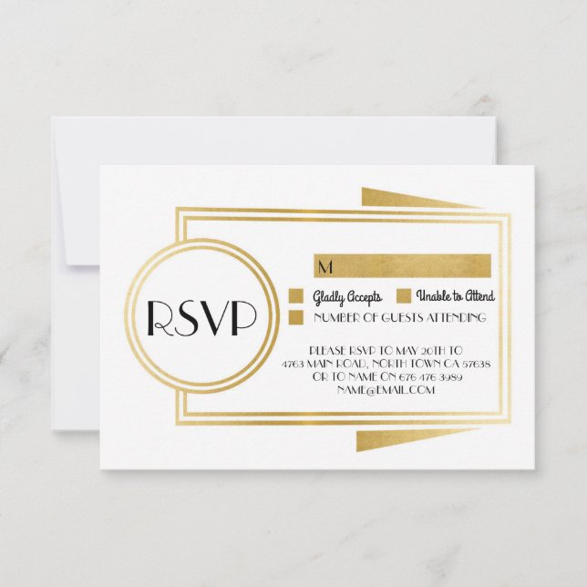 Cartes de réponse Art Déco RSVP années 20 Or Blanc (Devant)