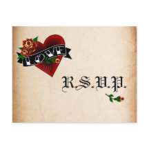 Cartes de réponse de mariage cœur et rose tatouage