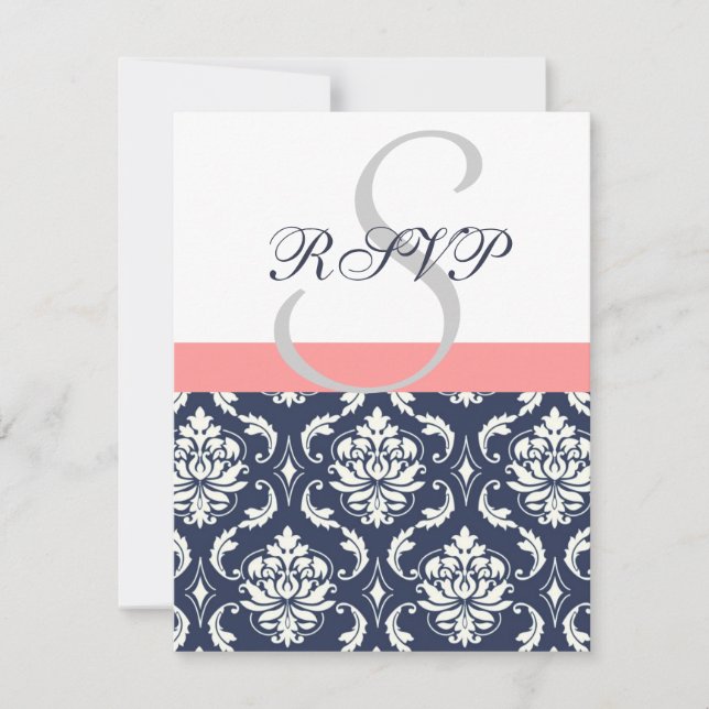Cartes de réponse de mariage en damas bleu marine  (Devant)