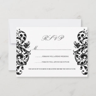 Cartes de réponse de mariage en damassé noir et bl