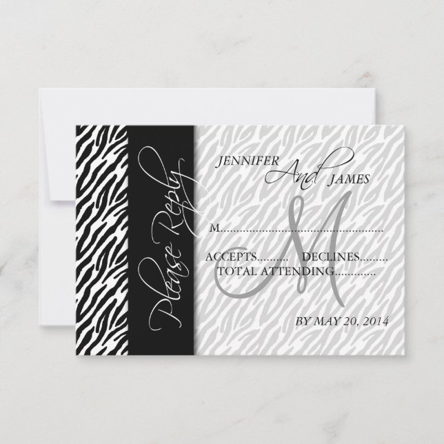 Cartes de réponse de mariage motif zèbre noir mono (Devant)