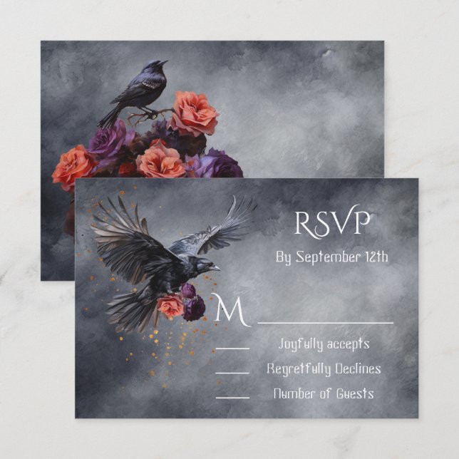 Cartes de réponse du Mariage floral Goth Crow RSVP (Devant / Derrière)