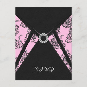 Cartes de réponse en damas noir rose élégant noir