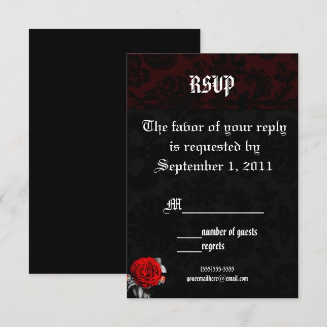 Cartes de réponse pour mariage gothique avec rose  (Devant / Derrière)