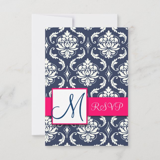 Cartes de réponse RSVP en Damas Bleu pour invitati (Devant)