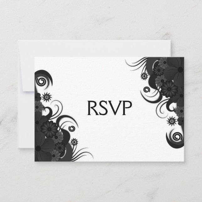 Cartes de réponse RSVP en noir et blanc floral (Devant)