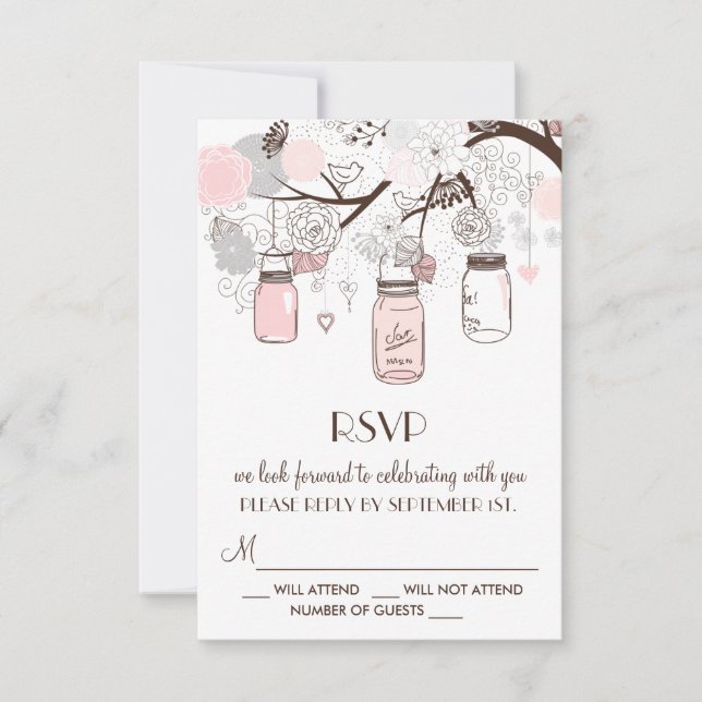 Cartes de réponse RSVP en pots Mason floraux rose  (Devant)