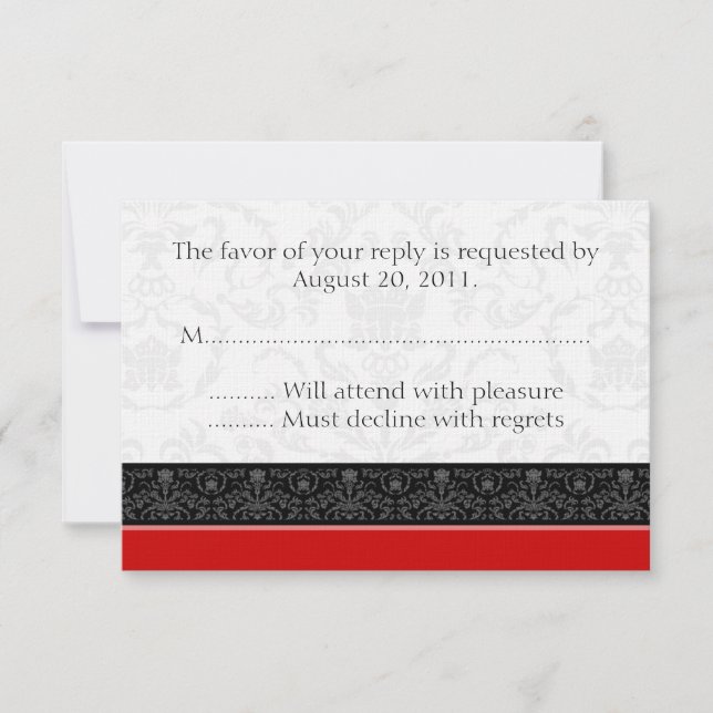 Cartes de réponse RSVP Mariage damassé en noir et  (Devant)