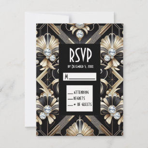 Cartes de réponse RSVP noir et or Art déco diamant