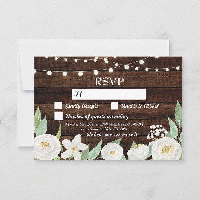 Cartes de RSVP de mariage en bois Fleurs rustiques (Devant)